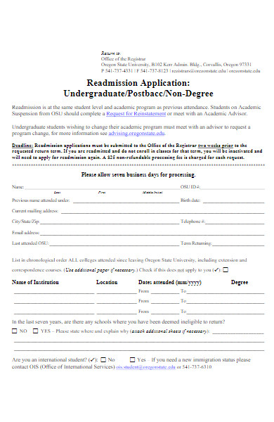 non degree readmission application form