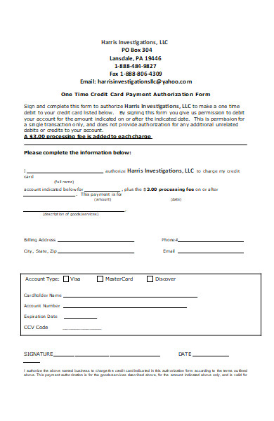one time credit card payment authorization form
