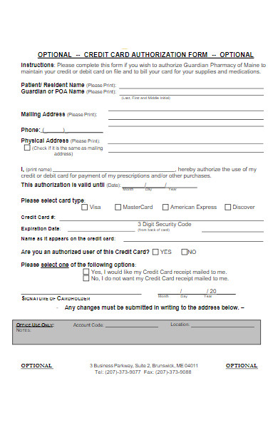 optional credit card authorization form