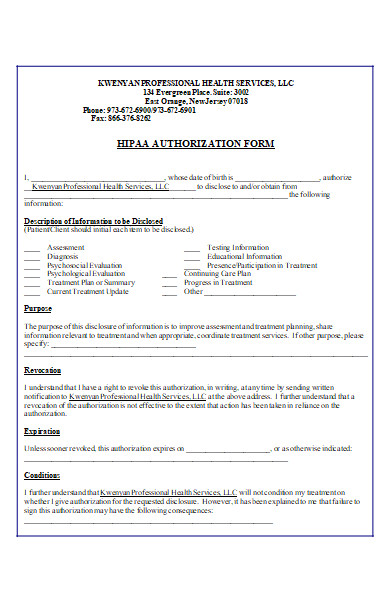 patient hipaa authorization form example