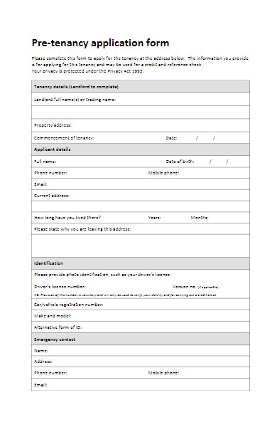 Free 50 Tenancy Application Forms In Pdf Ms Word 7675