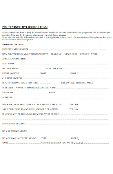 pre tenancy property application form