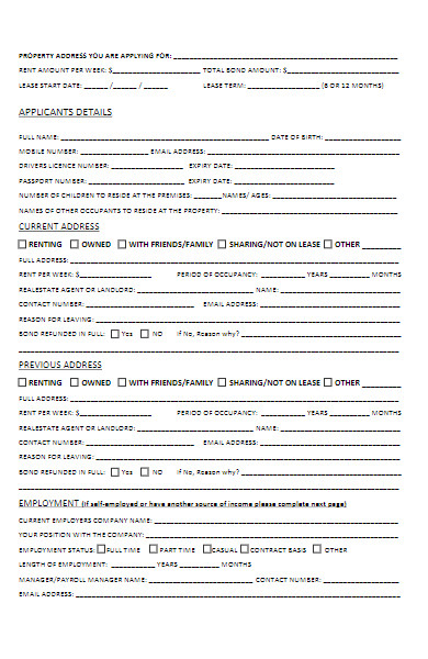 property tenancy application form sample