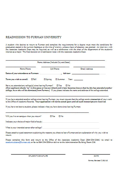 readmission form to university
