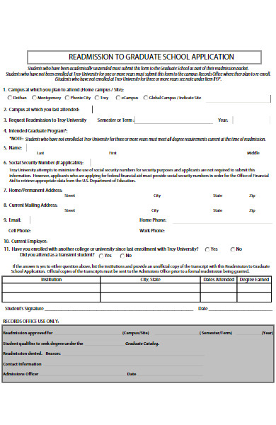 readmission to graduate school application form