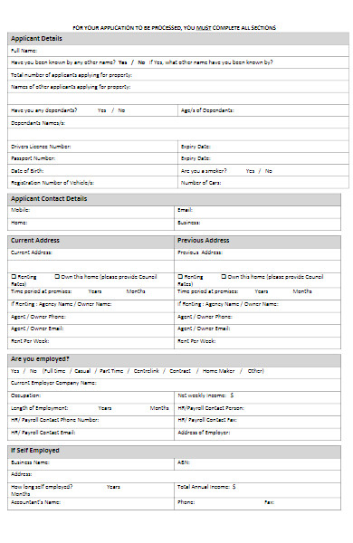 real estate property tenancy application form