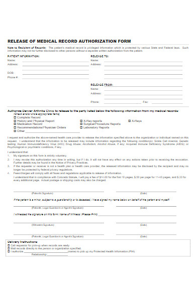 release of medical record authorization form