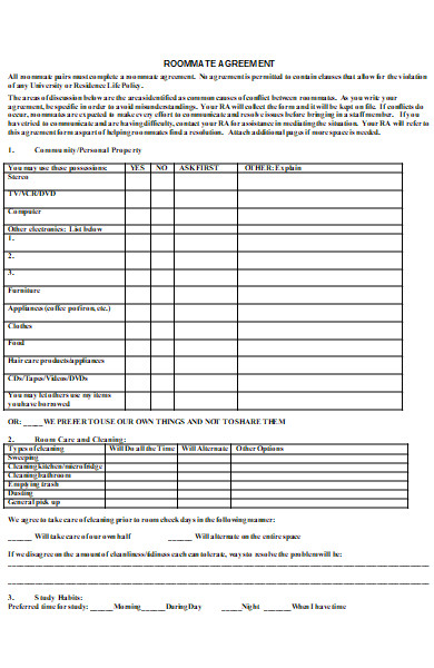 roommate agreement form format