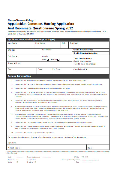 roommate questionnaire application form