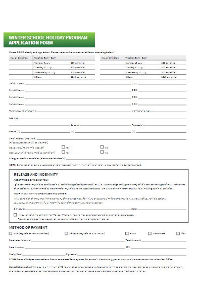 school holiday program application form