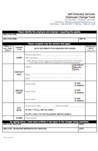 self directed services employee change form