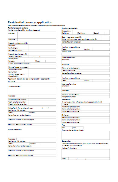 simple residential tenancy application form