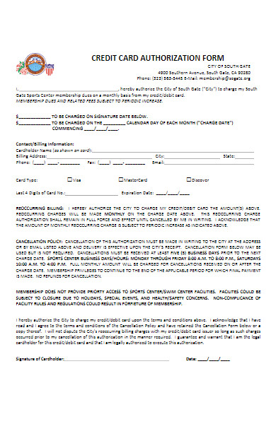 sports center credit card authorization form