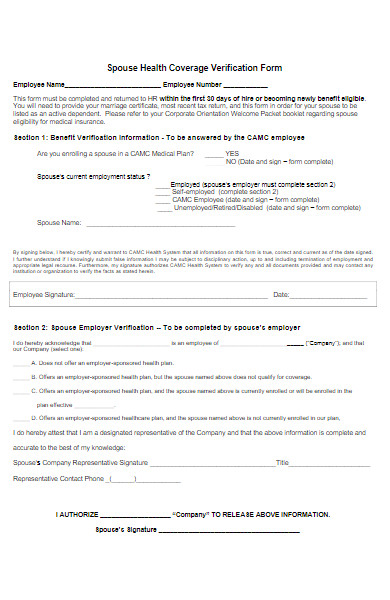spouse health insurance verification form