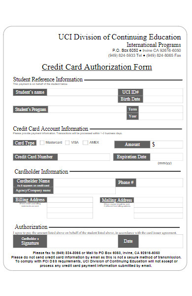 student credit card authorization form
