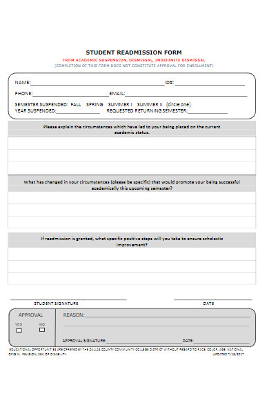 student readmission form example