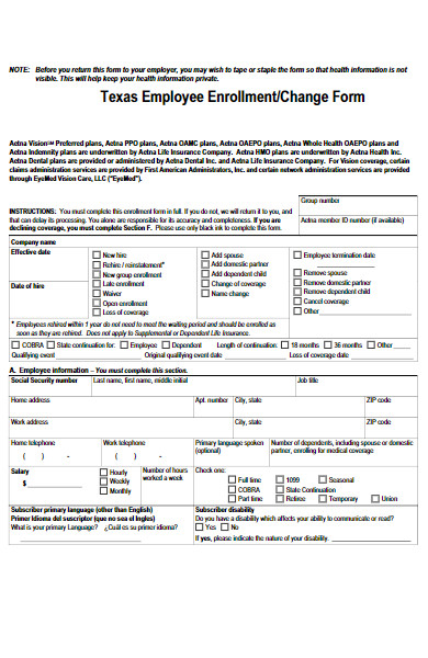 texas employee enrollment change form