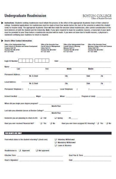 undergraduate readmission form