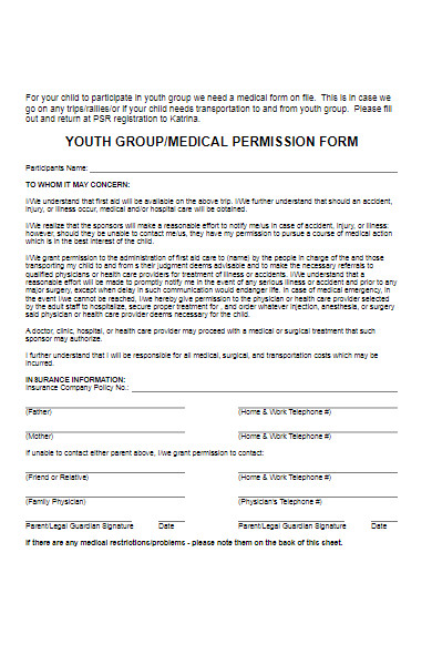 youth group medical permission form