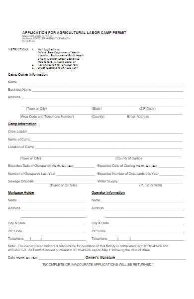 application form for agricultural labor camp permit