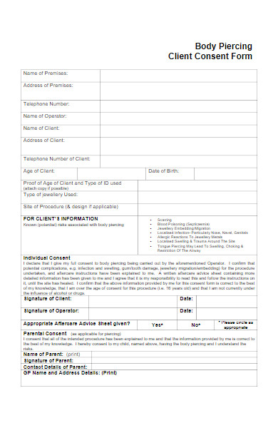 body piercing client consent form
