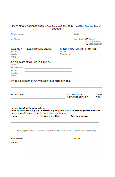 bus camp emergency contact form
