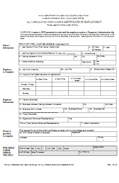 child labor minors certificate application form