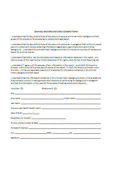 club criminal background check consent form