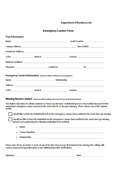 college emergency contact form