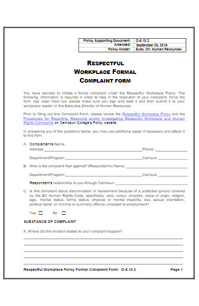college respectful workplace complaint form