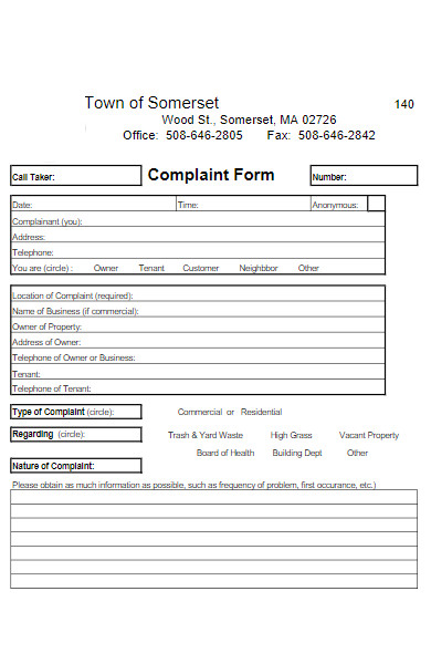 commercial tenant complaint form