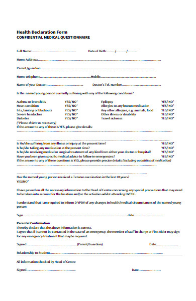 confidential health declaration form