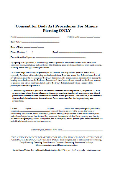 consent for body art minor piercing form