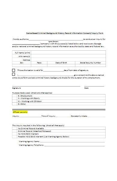 criminal background history record information consent form