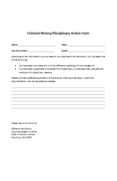 criminal history disciplinary action form