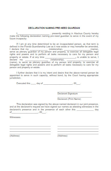 declaration naming pre need guardian form