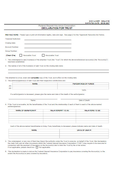 Free 30 Trust Declaration Forms In Pdf 3780