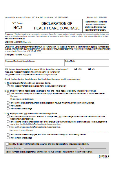 declaration of health care coverage form