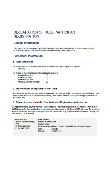 declaration of participant registration form