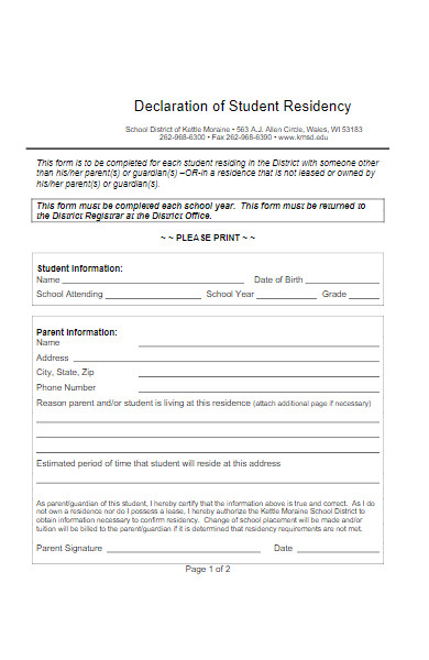 declaration of student residency form