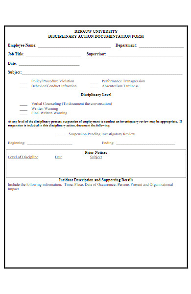 disciplinary action documentation form