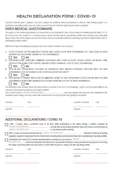 diver health declaration form