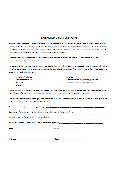 ear piercing consent form example