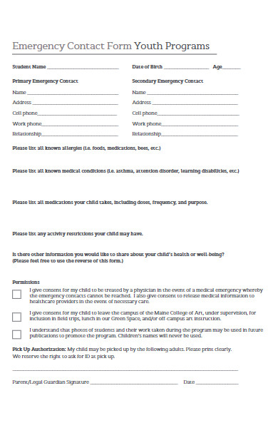 emergency contact form youth program