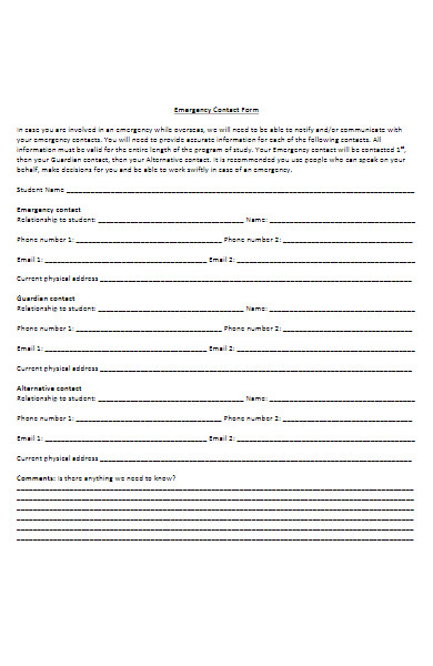 emergency contact form for university