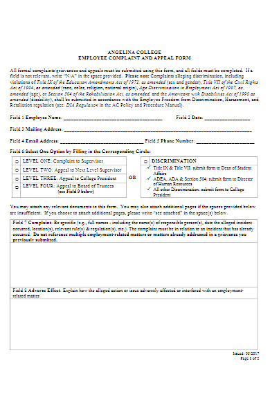 employee complaint and appeal form