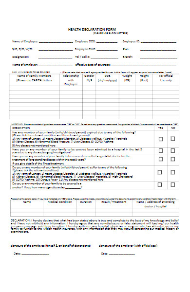 employee insurance health declaration form