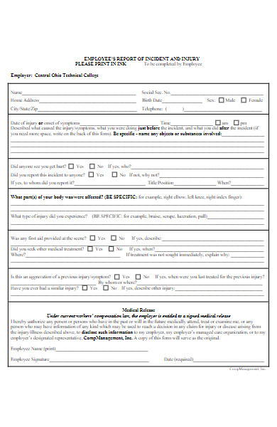 employee report of incident and injury form