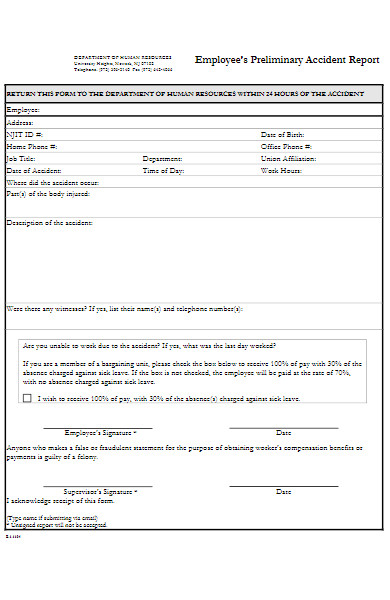 employee’s preliminary accident report form