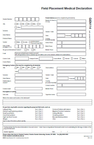 field placement medical declaration form